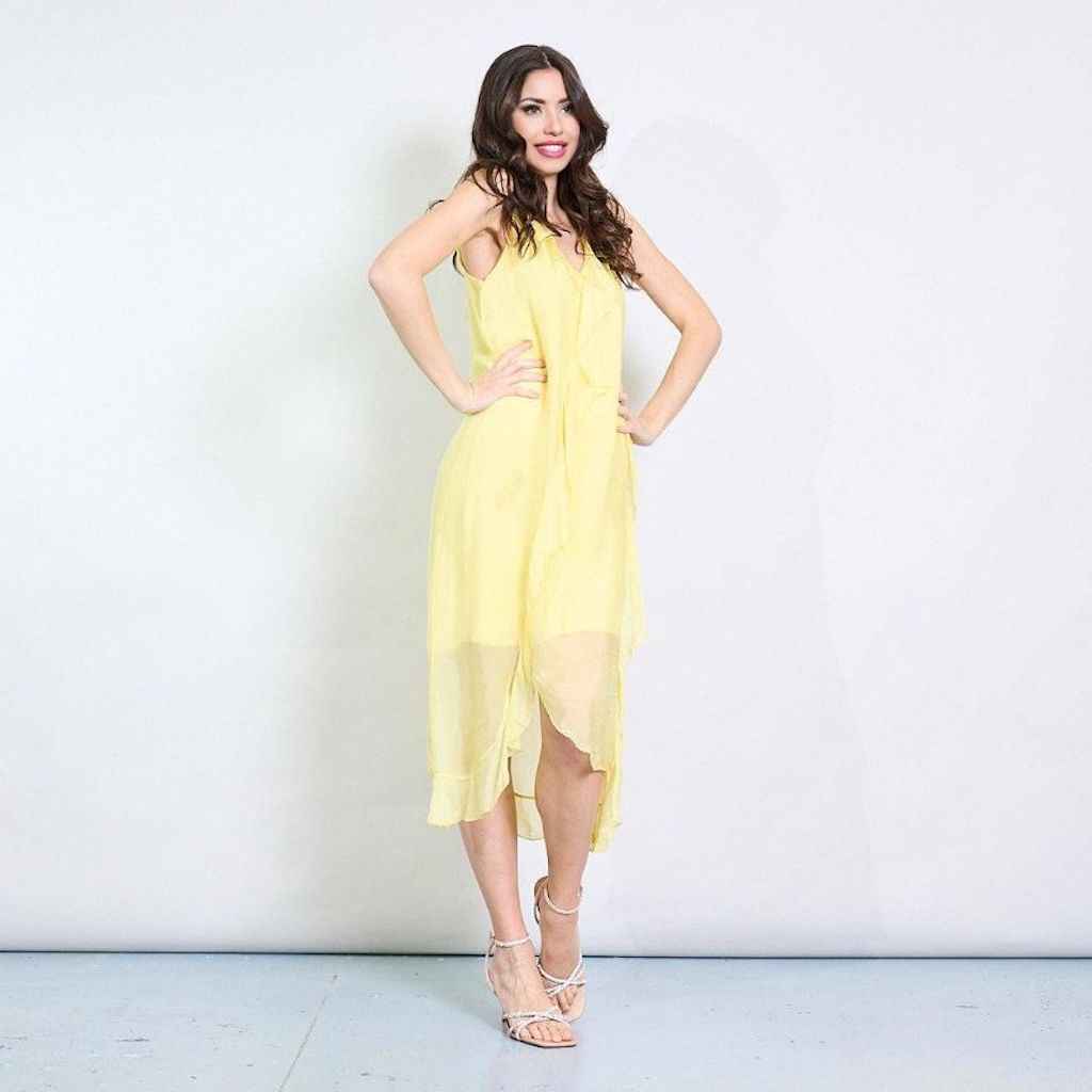 BZNA Ibiza Kleid asymmetrisch Rüschendetail Gelb aus Seidenchiffon Seidenkleid oneSize
