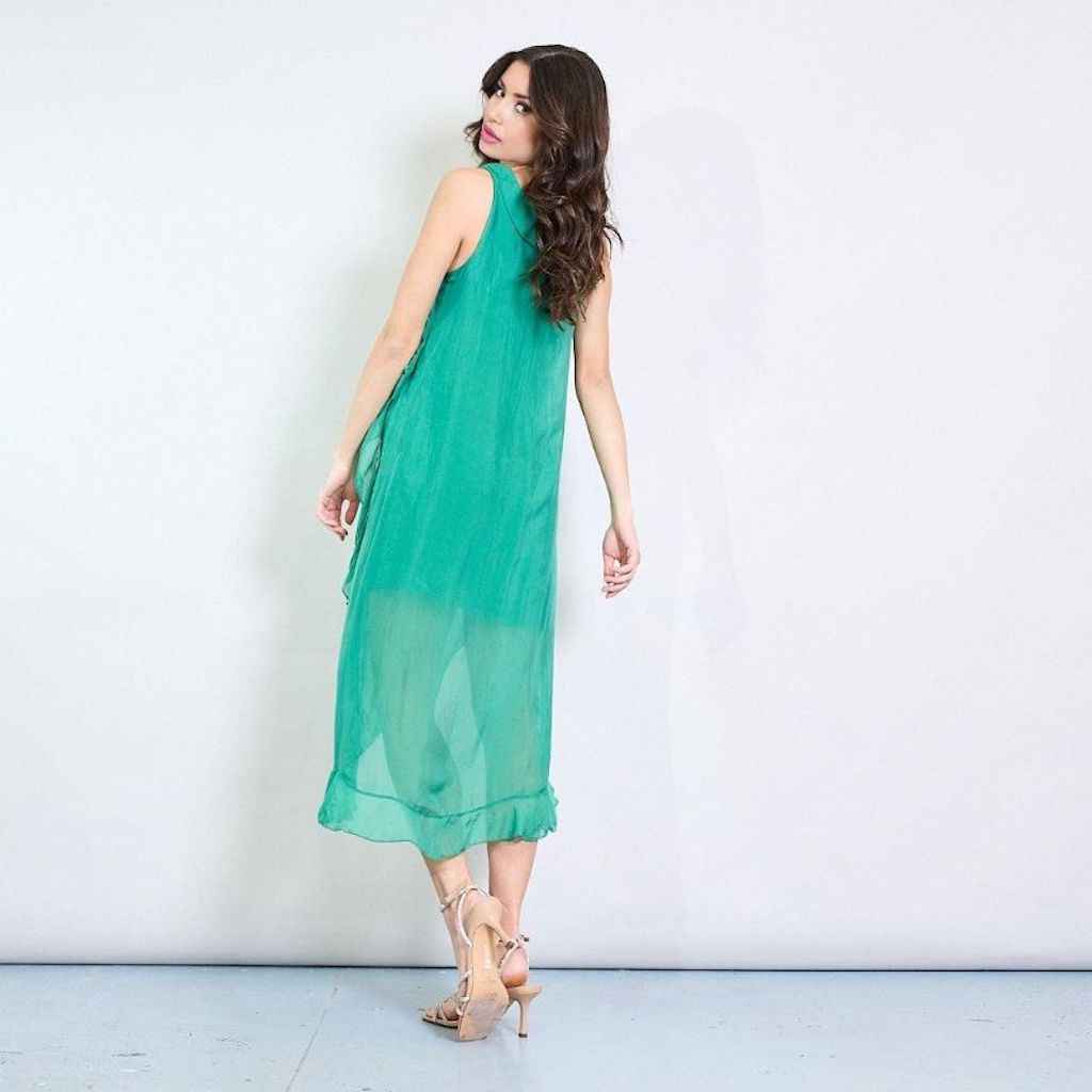 BZNA Ibiza Kleid asymmetrisch Rüschendetail Esmerald Grün aus Seidenchiffon Seidenkleid oneSize