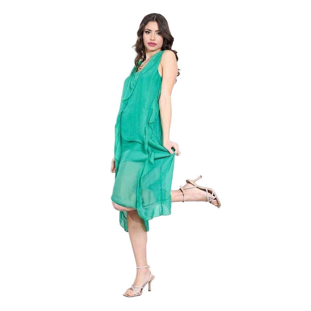 BZNA Ibiza Kleid asymmetrisch Rüschendetail Esmerald Grün aus Seidenchiffon Seidenkleid oneSize