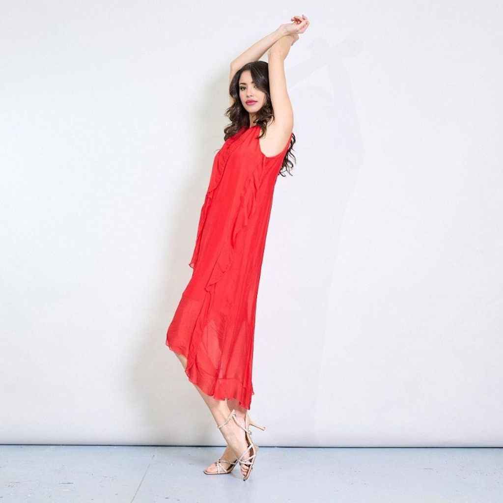 BZNA Ibiza Kleid asymmetrisch Rüschendetail Rot aus Seidenchiffon Seidenkleid oneSize