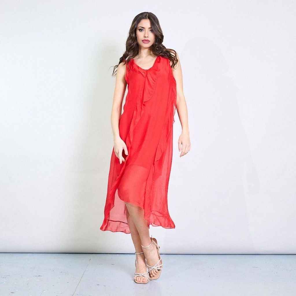 BZNA Ibiza Kleid asymmetrisch Rüschendetail Rot aus Seidenchiffon Seidenkleid oneSize
