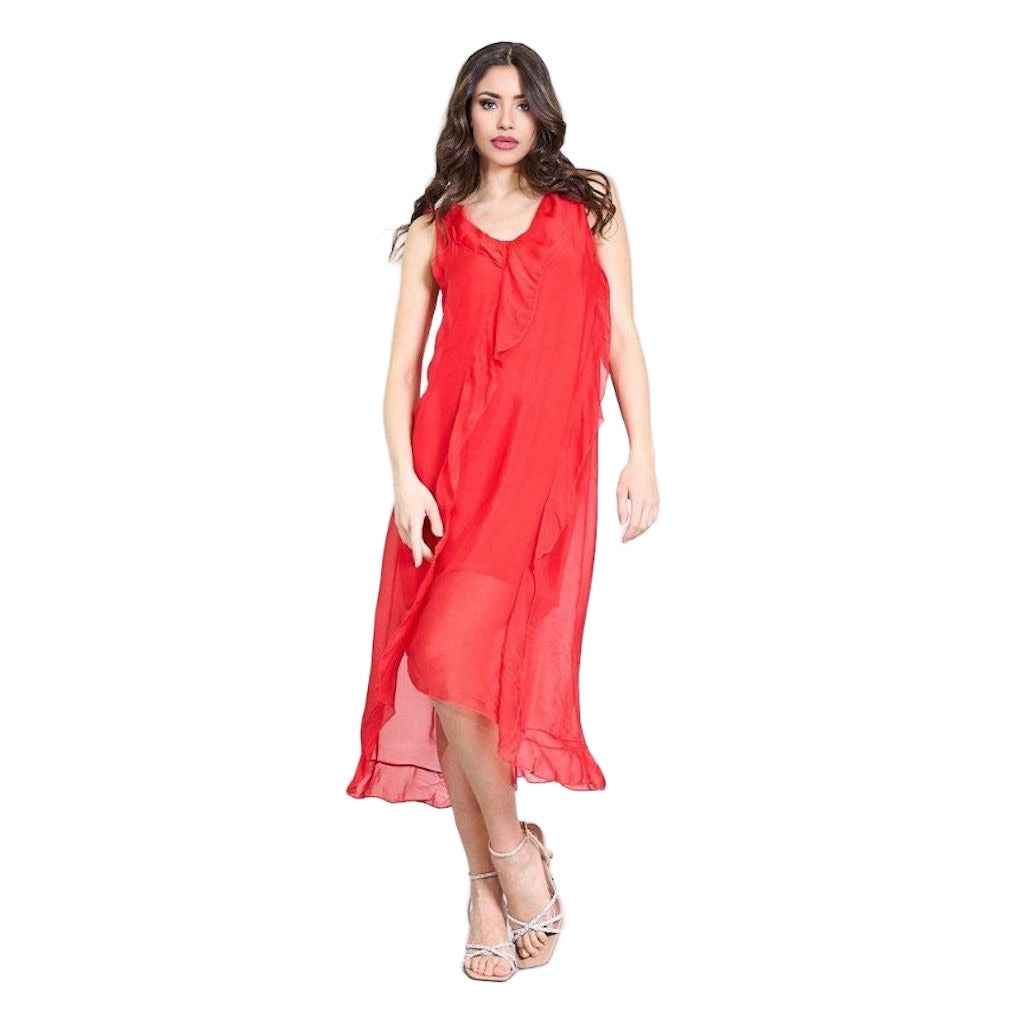 BZNA Ibiza Kleid asymmetrisch Rüschendetail Rot aus Seidenchiffon Seidenkleid oneSize