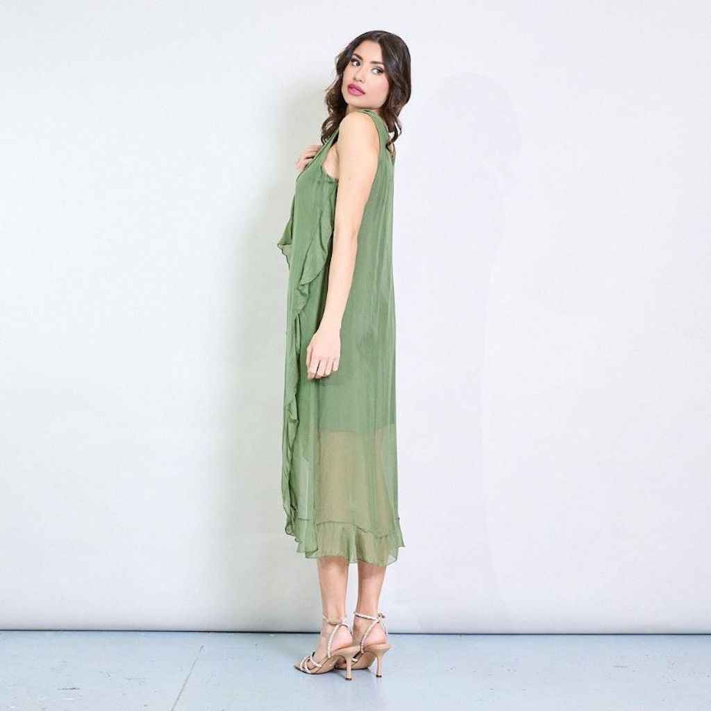 BZNA Ibiza Kleid asymmetrisch Rüschendetail Verde aus Seidenchiffon Seidenkleid oneSize