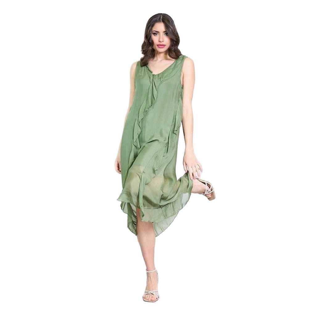 BZNA Ibiza Kleid asymmetrisch Rüschendetail Verde aus Seidenchiffon Seidenkleid oneSize
