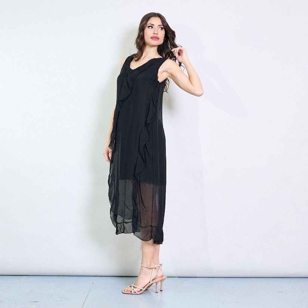 BZNA Ibiza Kleid asymmetrisch Rüschendetail Schwarz aus Seidenchiffon Seidenkleid oneSize