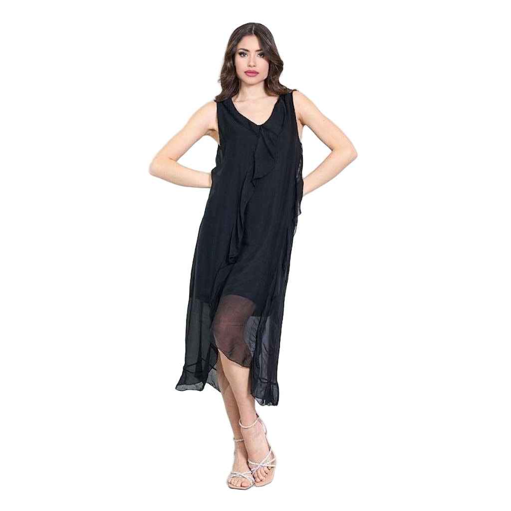 BZNA Ibiza Kleid asymmetrisch Rüschendetail Schwarz aus Seidenchiffon Seidenkleid oneSize