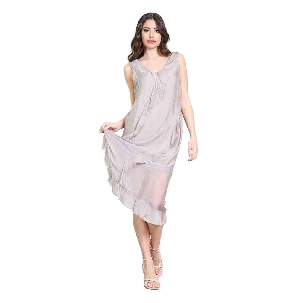 BZNA Ibiza Kleid asymmetrisch Rüschendetail Beige aus Seidenchiffon Seidenkleid oneSize