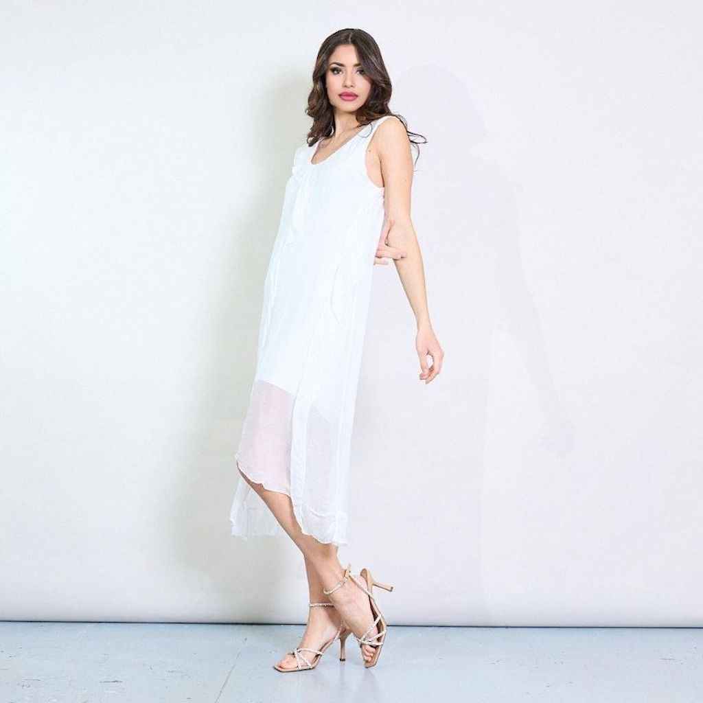 BZNA Ibiza Kleid asymmetrisch Rüschendetail Weiß aus Seidenchiffon Seidenkleid oneSize
