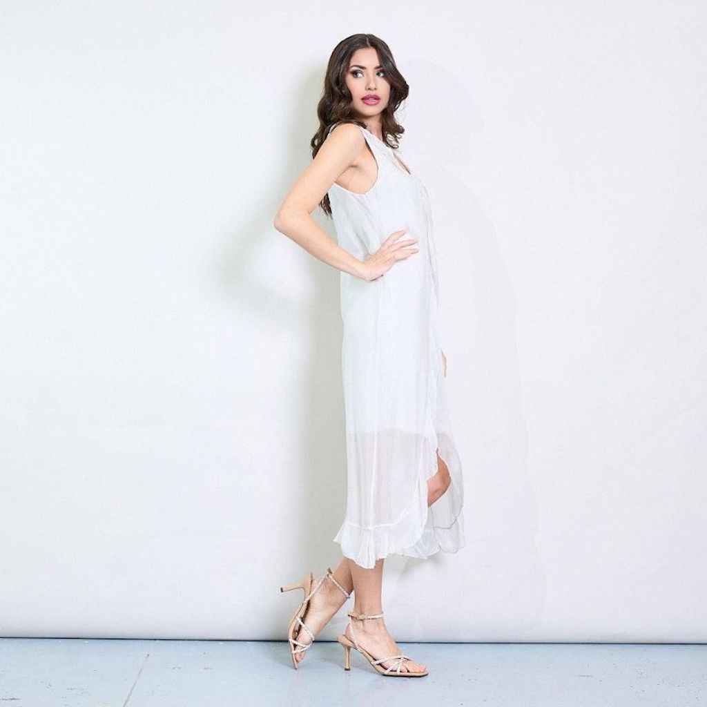 BZNA Ibiza Kleid asymmetrisch Rüschendetail Weiß aus Seidenchiffon Seidenkleid oneSize