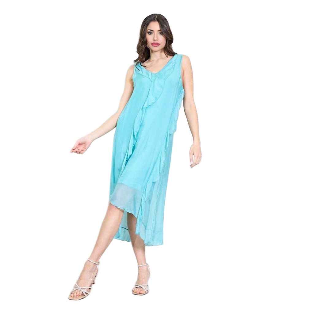 BZNA Ibiza Kleid asymmetrisch Rüschendetail Aqua aus Seidenchiffon Seidenkleid oneSize