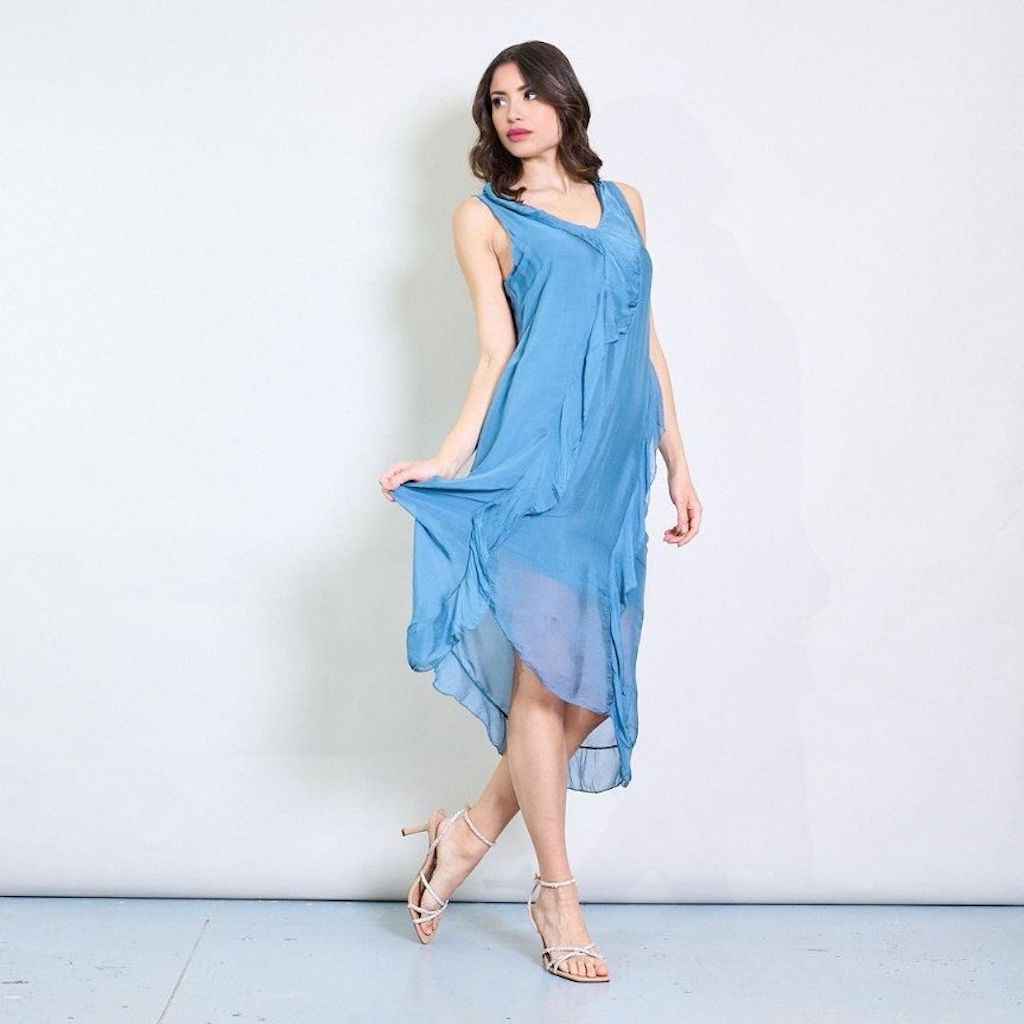 BZNA Ibiza Kleid asymmetrisch Rüschendetail Blau aus Seidenchiffon Seidenkleid oneSize
