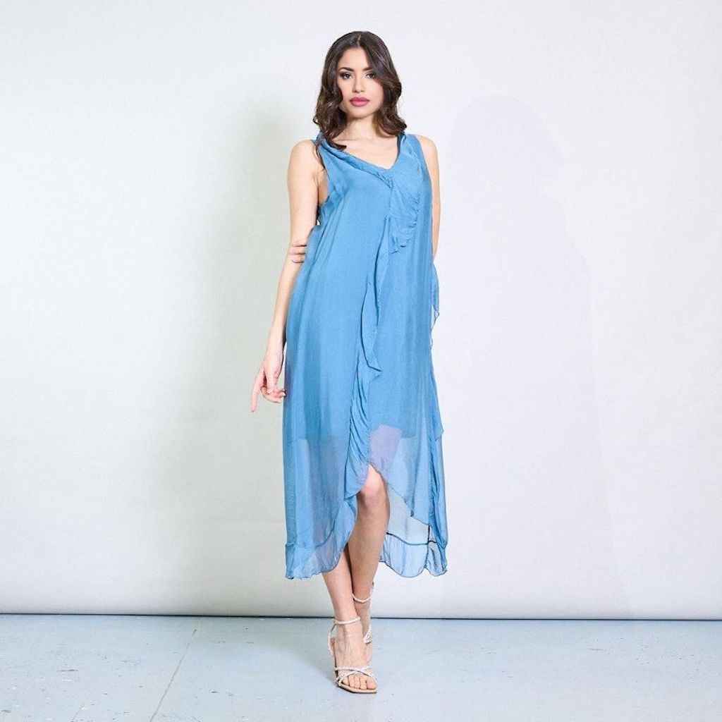 BZNA Ibiza Kleid asymmetrisch Rüschendetail Blau aus Seidenchiffon Seidenkleid oneSize