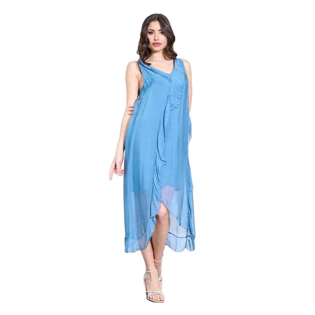BZNA Ibiza Kleid asymmetrisch Rüschendetail Blau aus Seidenchiffon Seidenkleid oneSize