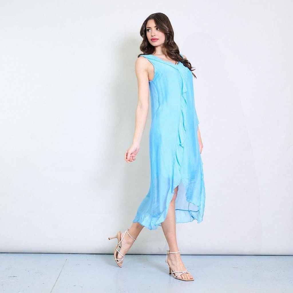 BZNA Ibiza Kleid asymmetrisch Rüschendetail Lichtblau aus Seidenchiffon Seidenkleid oneSize