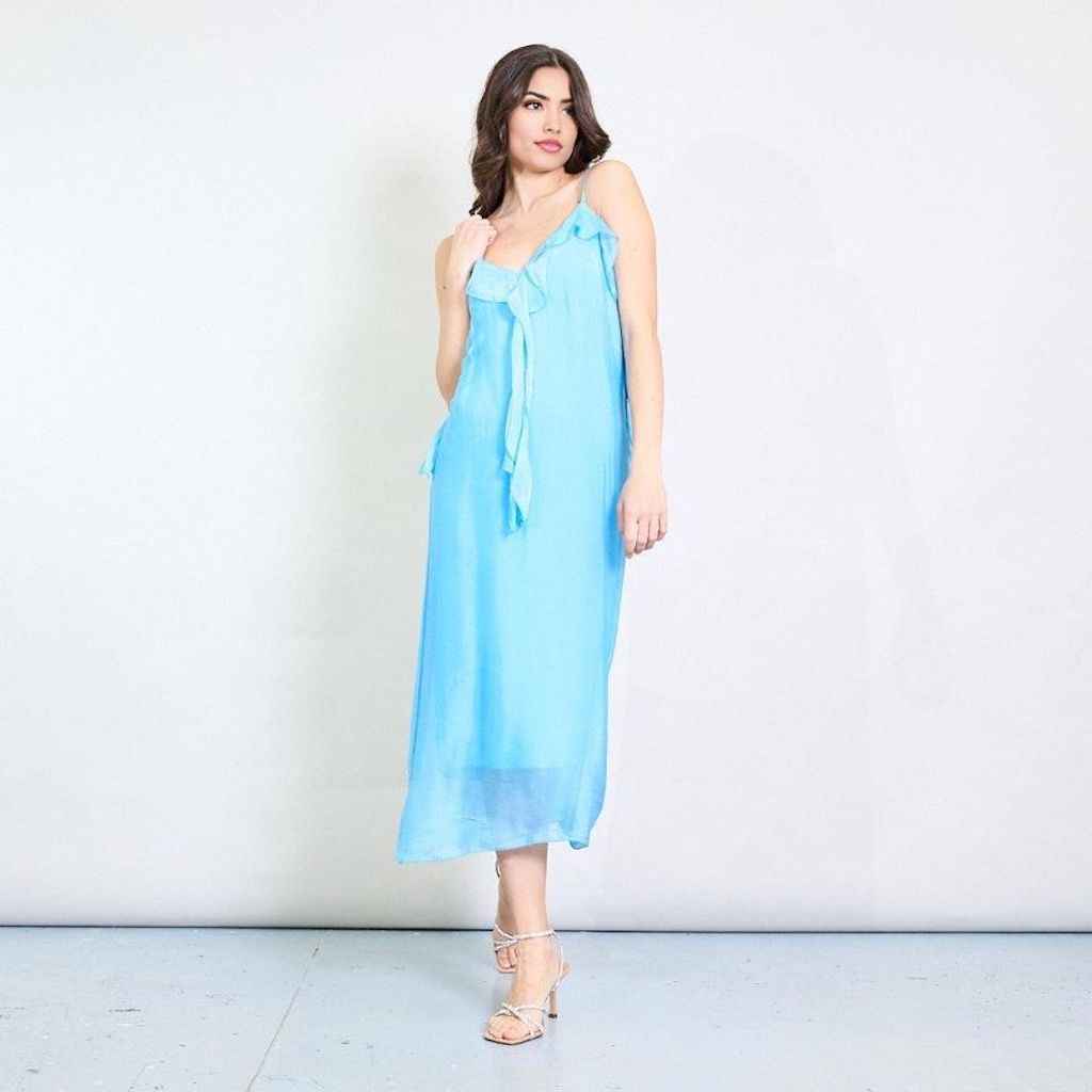 BZNA Kleid Kravatten Rüschendetail Aqua aus Seidenchiffon Seidenkleid oneSize