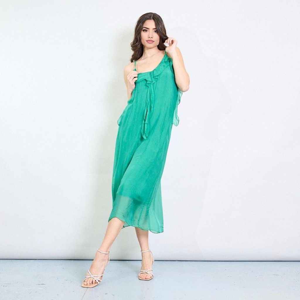BZNA Kleid Kravatten Rüschendetail Esmerald Grün aus Seidenchiffon Seidenkleid oneSize