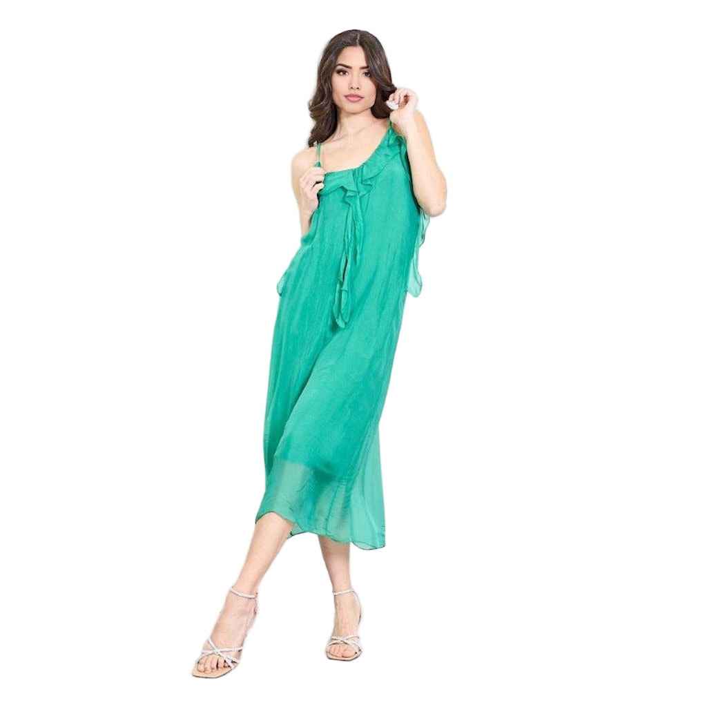 BZNA Kleid Kravatten Rüschendetail Esmerald Grün aus Seidenchiffon Seidenkleid oneSize