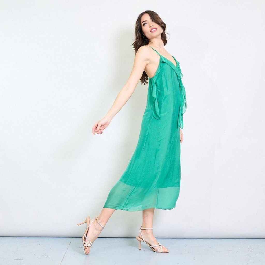 BZNA Kleid Kravatten Rüschendetail Esmerald Grün aus Seidenchiffon Seidenkleid oneSize