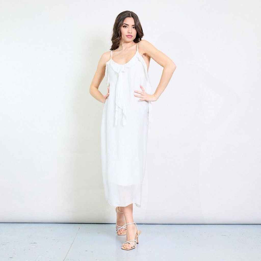 BZNA Kleid Kravatten Rüschendetail Weiß aus Seidenchiffon Seidenkleid oneSize