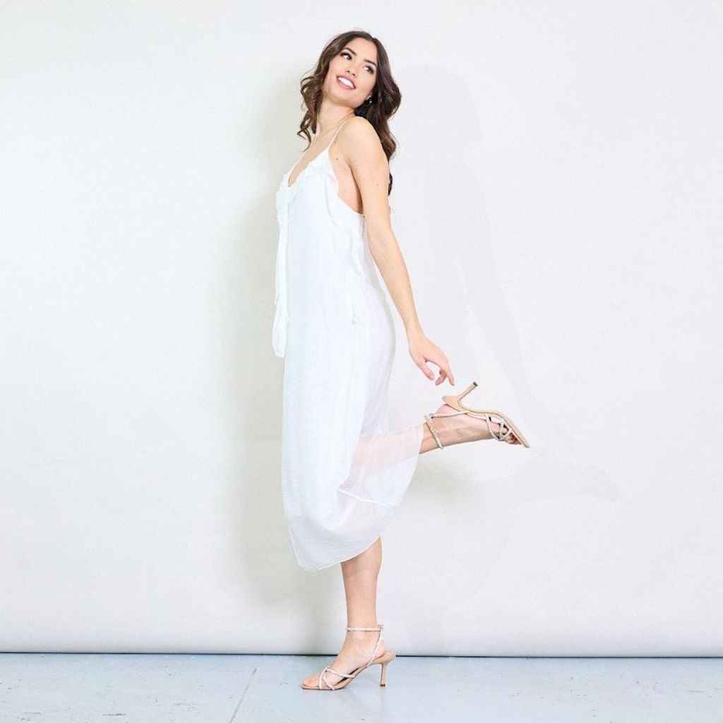 BZNA Kleid Kravatten Rüschendetail Weiß aus Seidenchiffon Seidenkleid oneSize