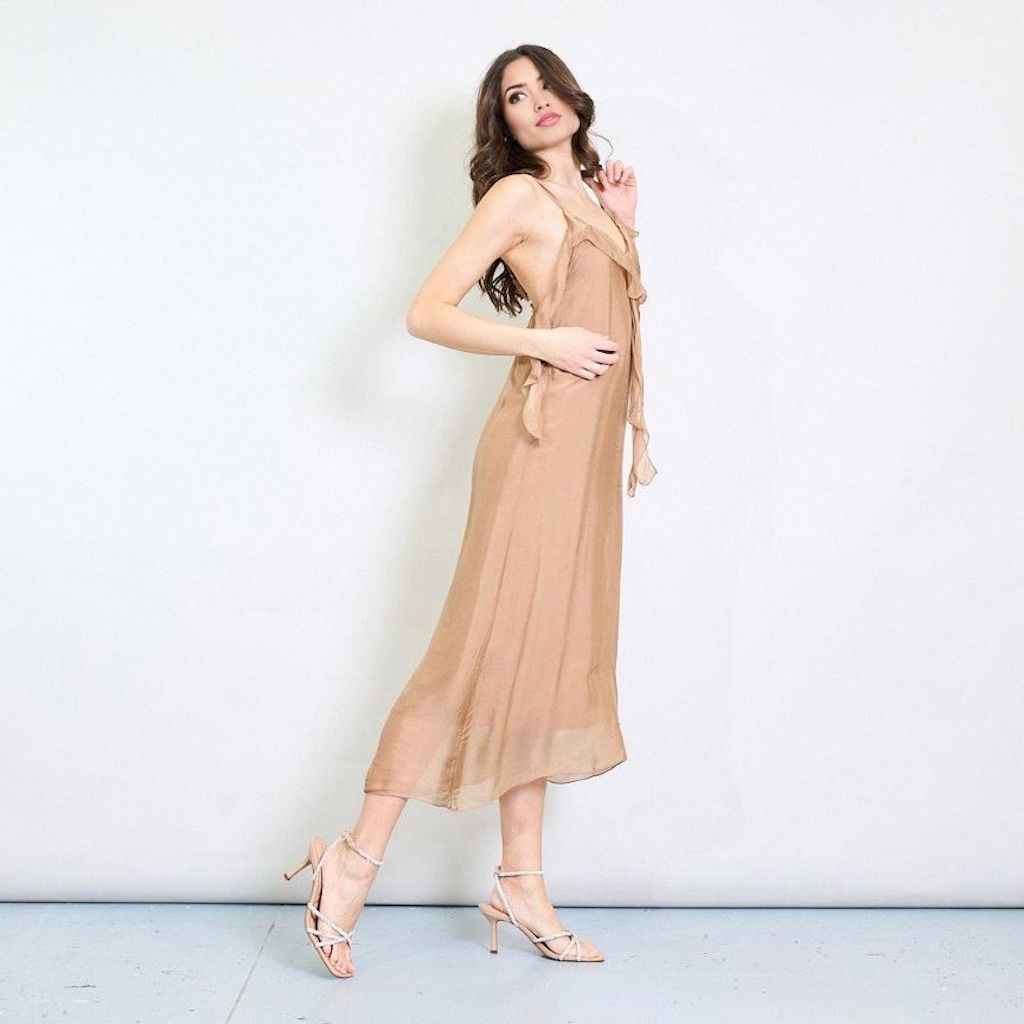 BZNA Kleid Kravatten Rüschendetail Toffee aus Seidenchiffon Seidenkleid oneSize