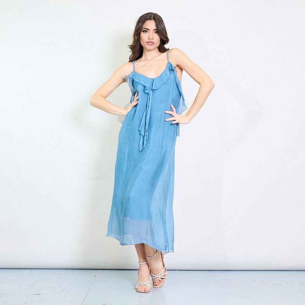 BZNA Kleid Kravatten Rüschendetail Blau aus Seidenchiffon Seidenkleid oneSize