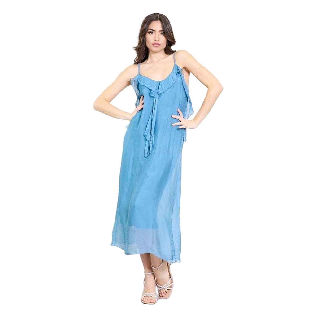 BZNA Kleid Kravatten Rüschendetail Blau aus Seidenchiffon Seidenkleid oneSize