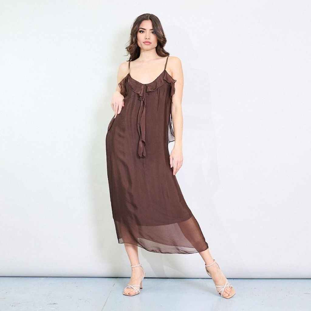 BZNA Kleid Kravatten Rüschendetail Coffee aus Seidenchiffon Seidenkleid oneSize