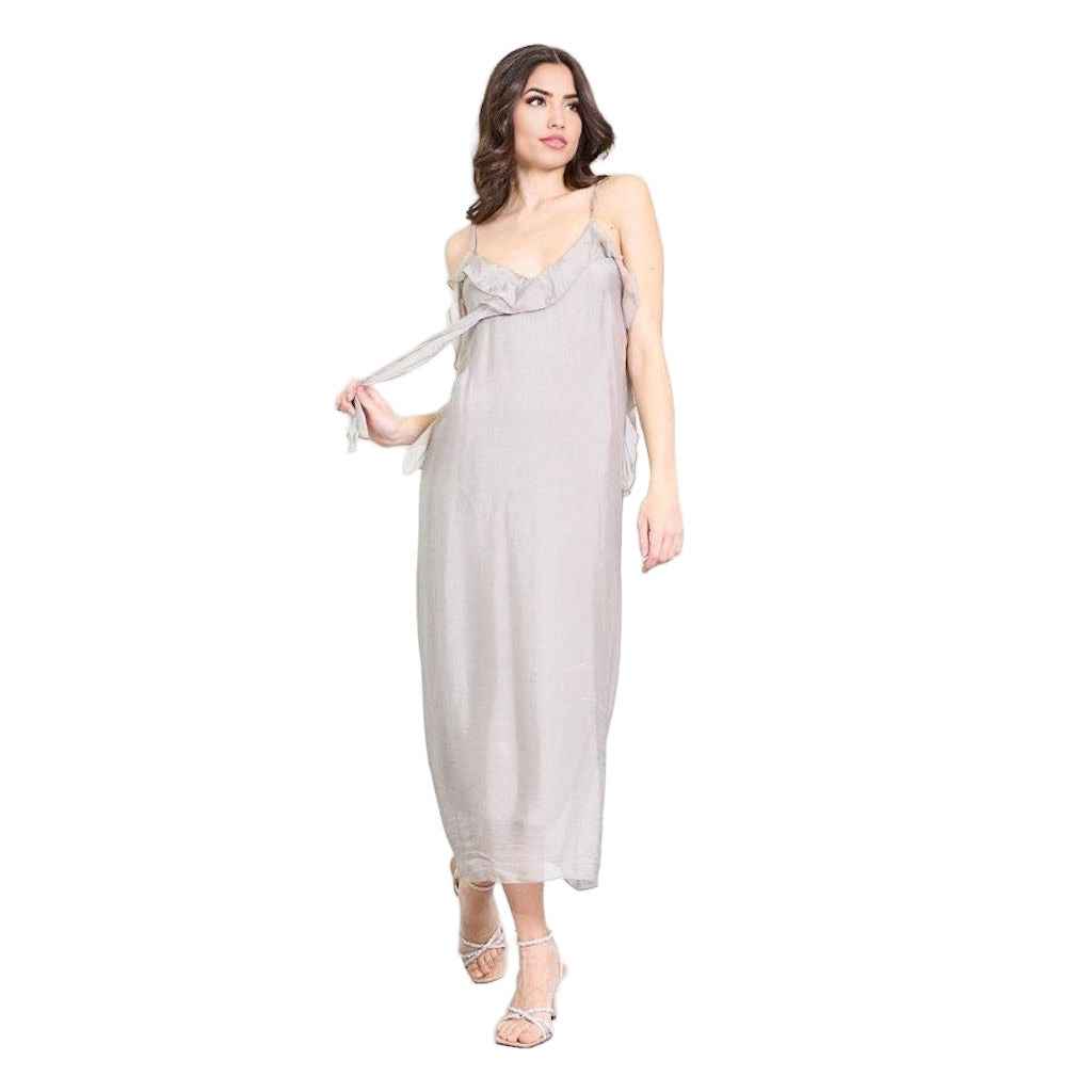 BZNA Kleid Kravatten Rüschendetail light Taupe aus Seidenchiffon Seidenkleid oneSize