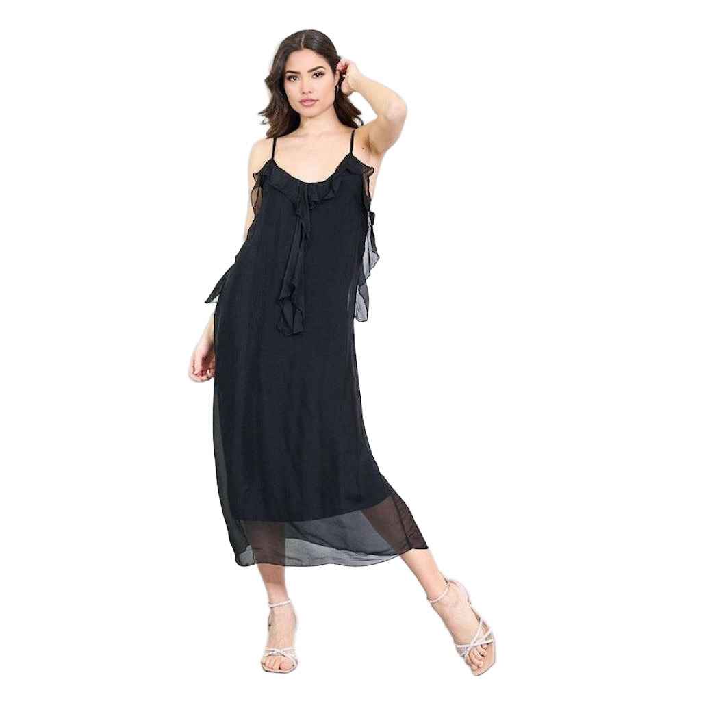 BZNA Kleid Kravatten Rüschendetail Schwarz aus Seidenchiffon Seidenkleid oneSize