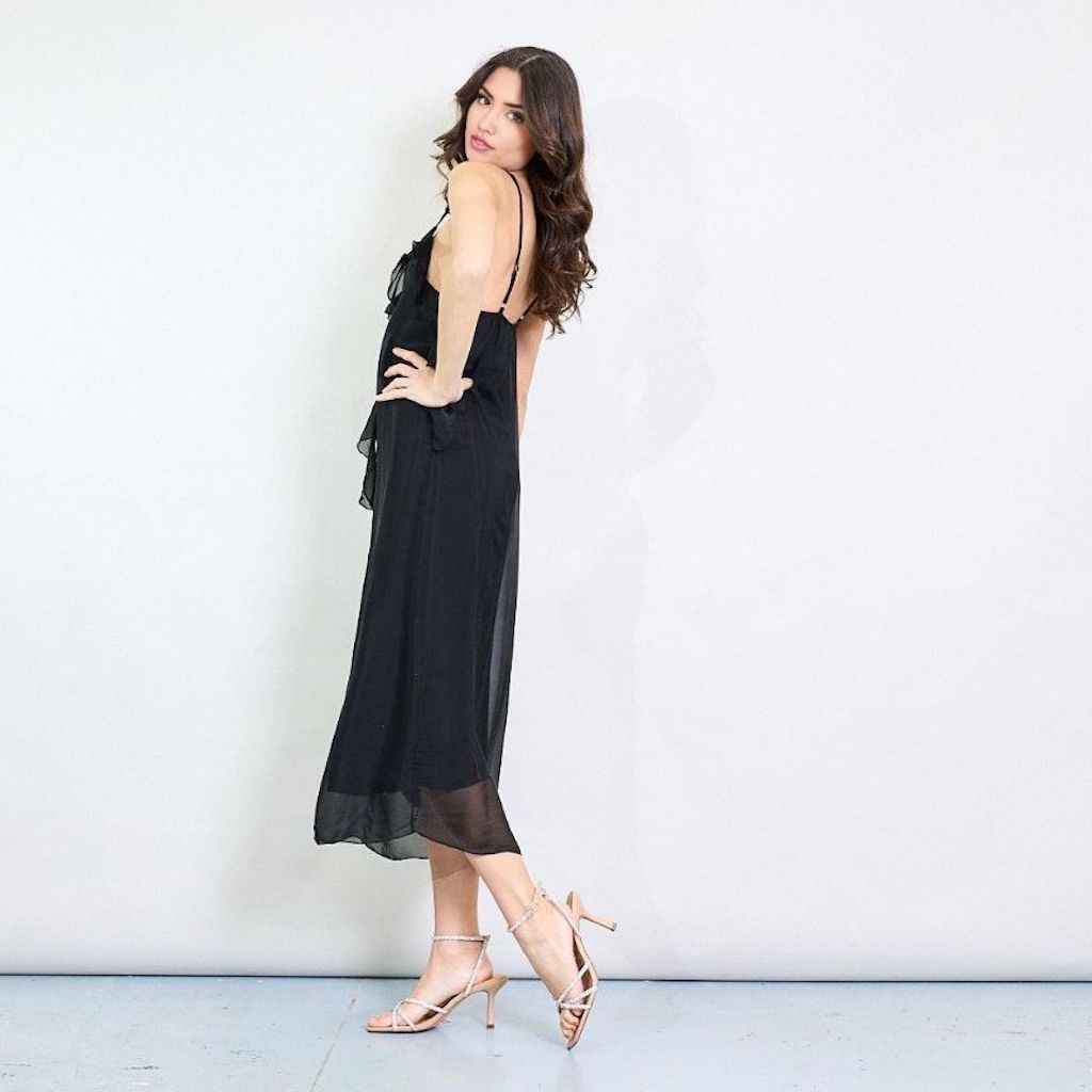 BZNA Kleid Kravatten Rüschendetail Schwarz aus Seidenchiffon Seidenkleid oneSize