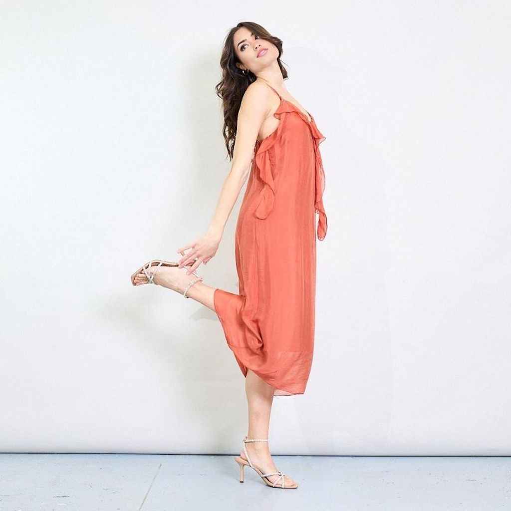 BZNA Kleid Kravatten Rüschendetail Lachs aus Seidenchiffon Seidenkleid oneSize