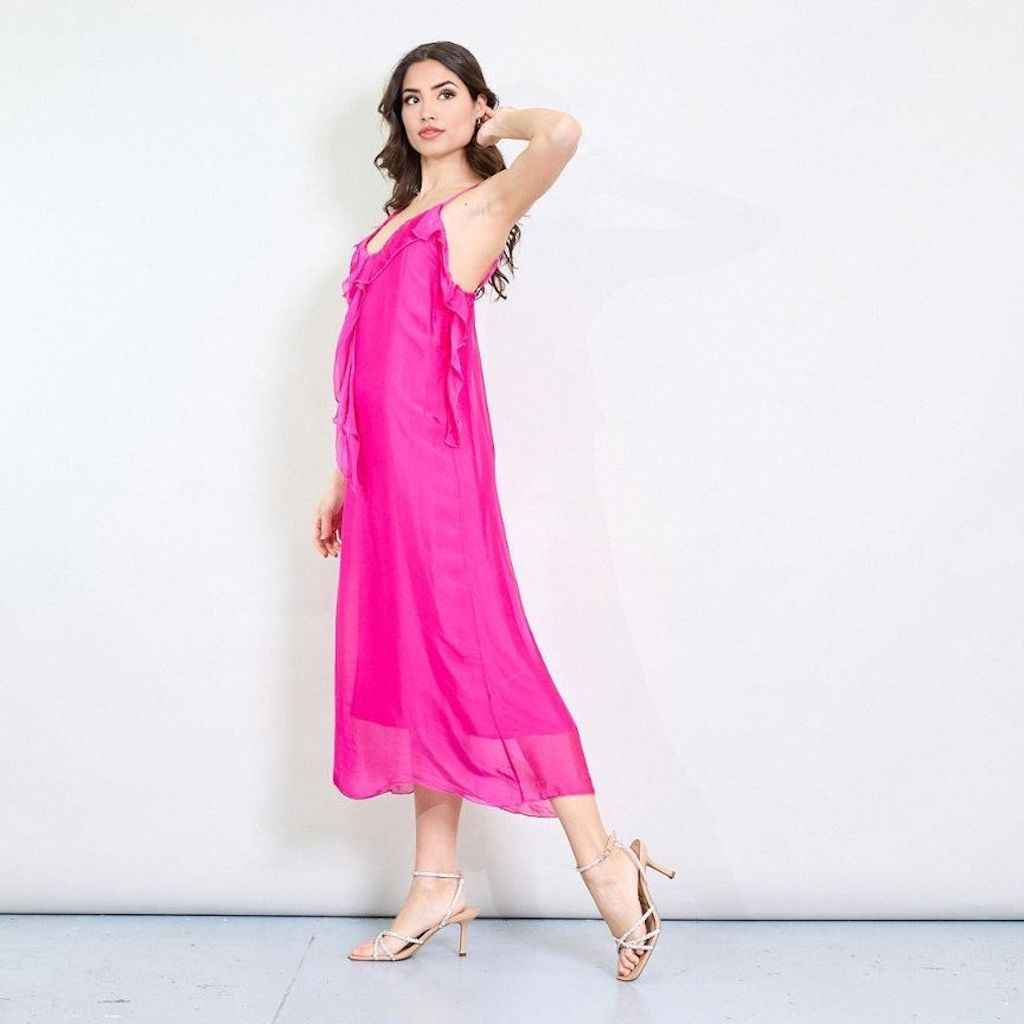 BZNA Kleid Kravatten Rüschendetail Fuxia aus Seidenchiffon Seidenkleid oneSize