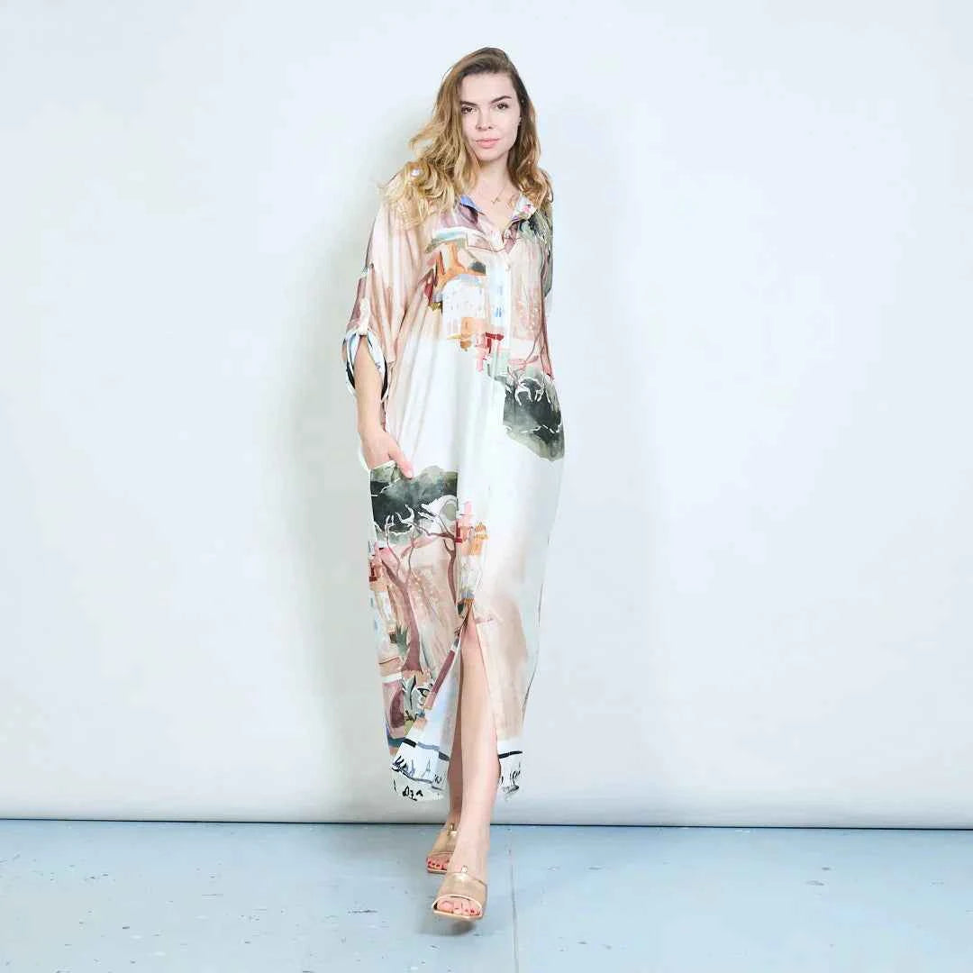 BZNA mit Seide Künstlerische Landschaft illustriertes, bedrucktes Hemdkleid mit Knopfleiste oneSize