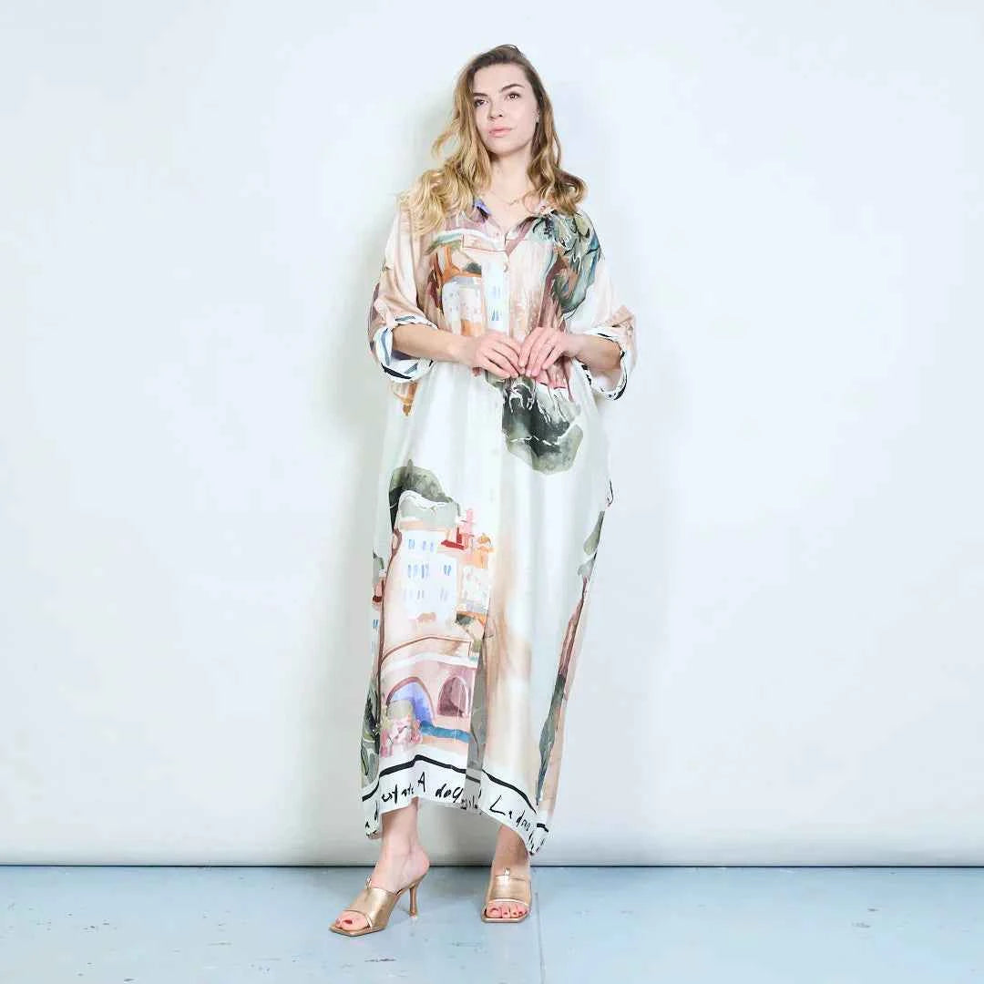 BZNA mit Seide Künstlerische Landschaft illustriertes, bedrucktes Hemdkleid mit Knopfleiste oneSize