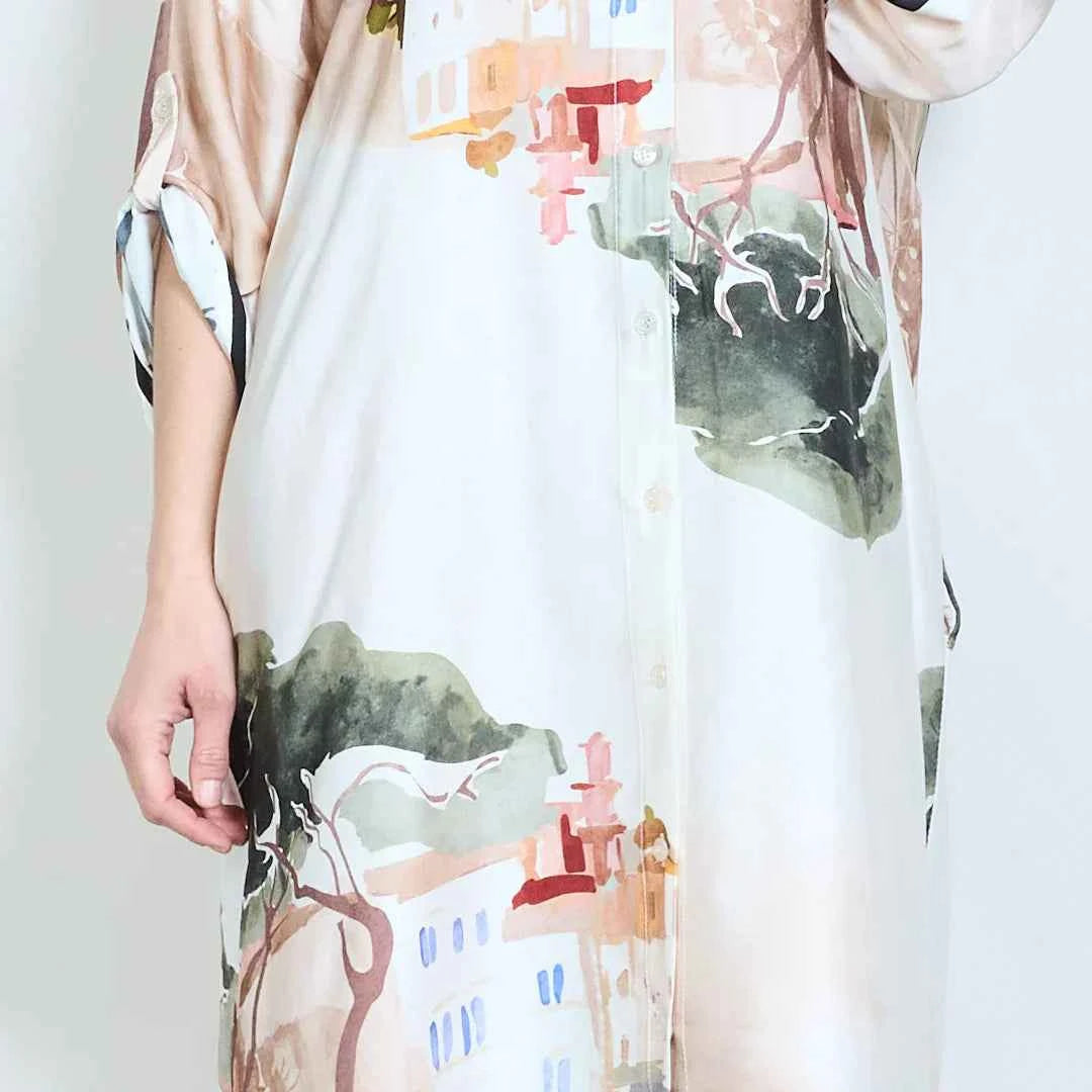 BZNA mit Seide Künstlerische Landschaft illustriertes, bedrucktes Hemdkleid mit Knopfleiste oneSize