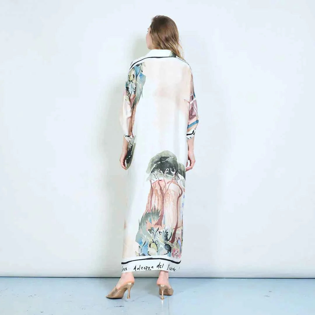 BZNA mit Seide Künstlerische Landschaft illustriertes, bedrucktes Hemdkleid mit Knopfleiste oneSize