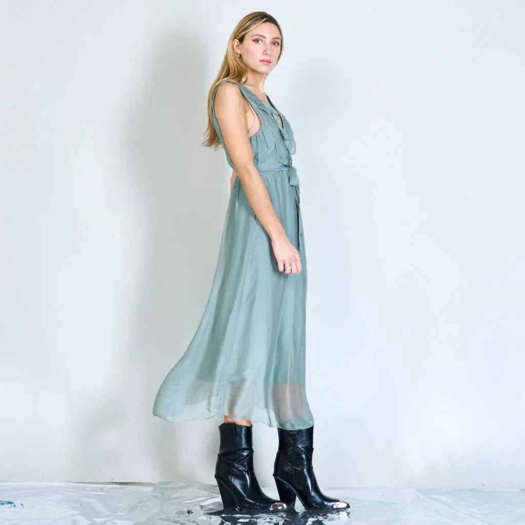 BZNA Ibiza Kleid lightGrau Seidenchiffon langes Kleid mit Rüschen Seidenkleid oneSize
