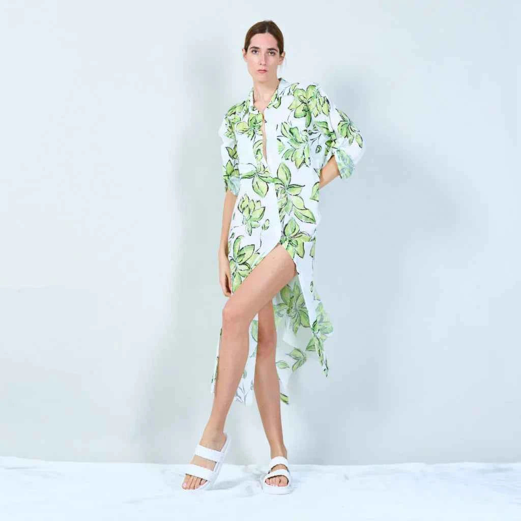 BZNA Sommer MAXI Kleid mit tropischem Blattdruck mit Schlitz oneSize