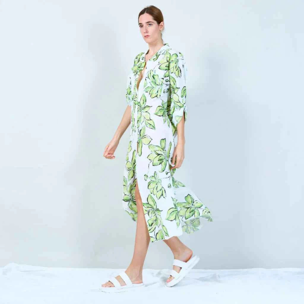 BZNA Sommer MAXI Kleid mit tropischem Blattdruck mit Schlitz oneSize