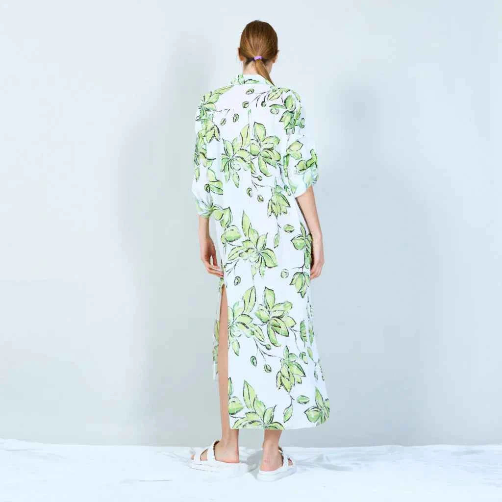 BZNA Sommer MAXI Kleid mit tropischem Blattdruck mit Schlitz oneSize