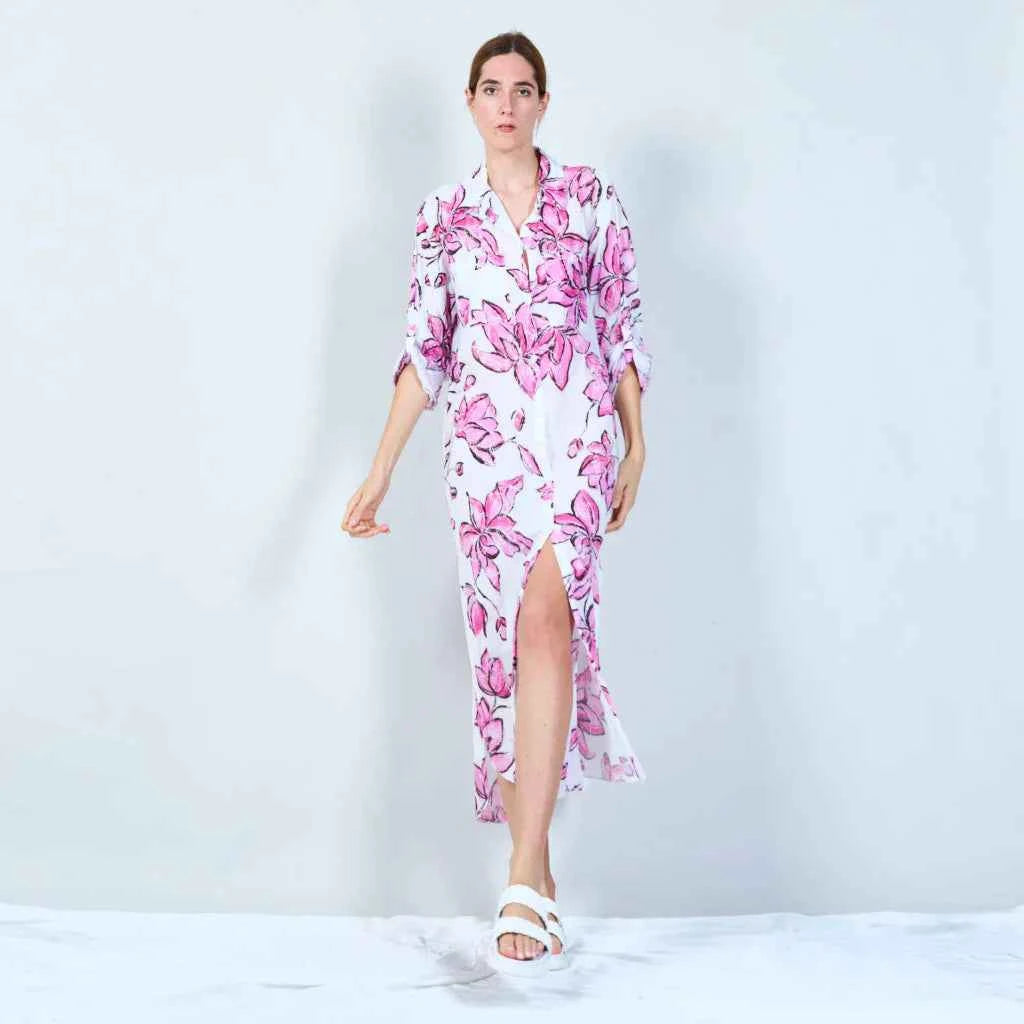 BZNA Sommer MAXI Kleid mit tropischem Blattdruck mit Schlitz oneSize
