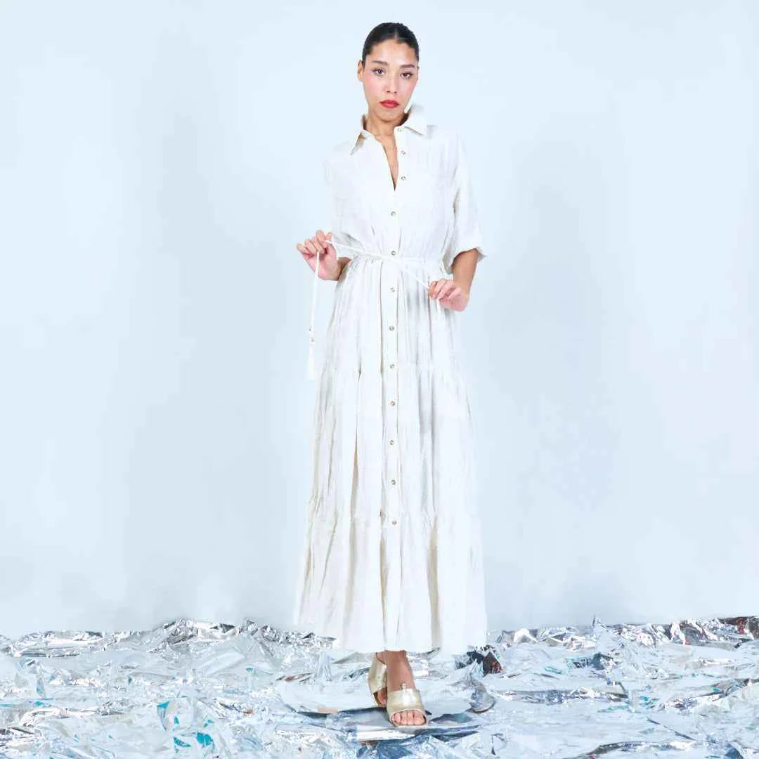 BZNA Sommer Kleid mit Leinen Weiß Blumen gestickt Maxikleid oneSize