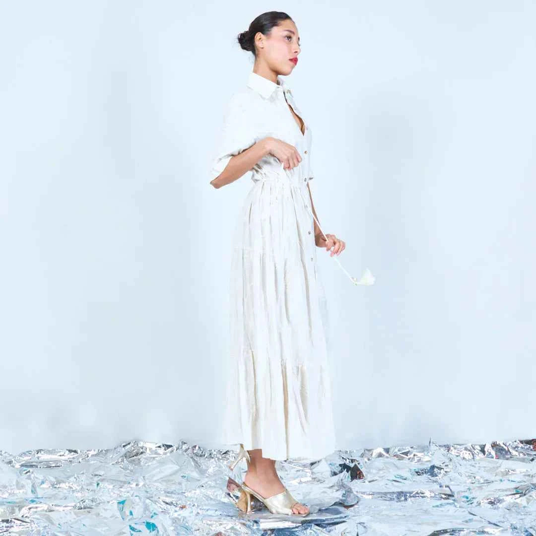 BZNA Sommer Kleid mit Leinen Weiß Blumen gestickt Maxikleid oneSize