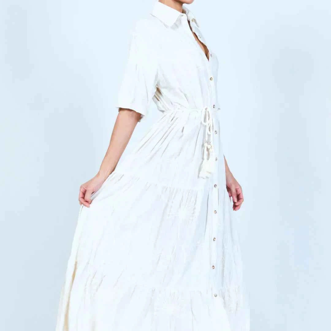 BZNA Sommer Kleid mit Leinen Weiß Blumen gestickt Maxikleid oneSize