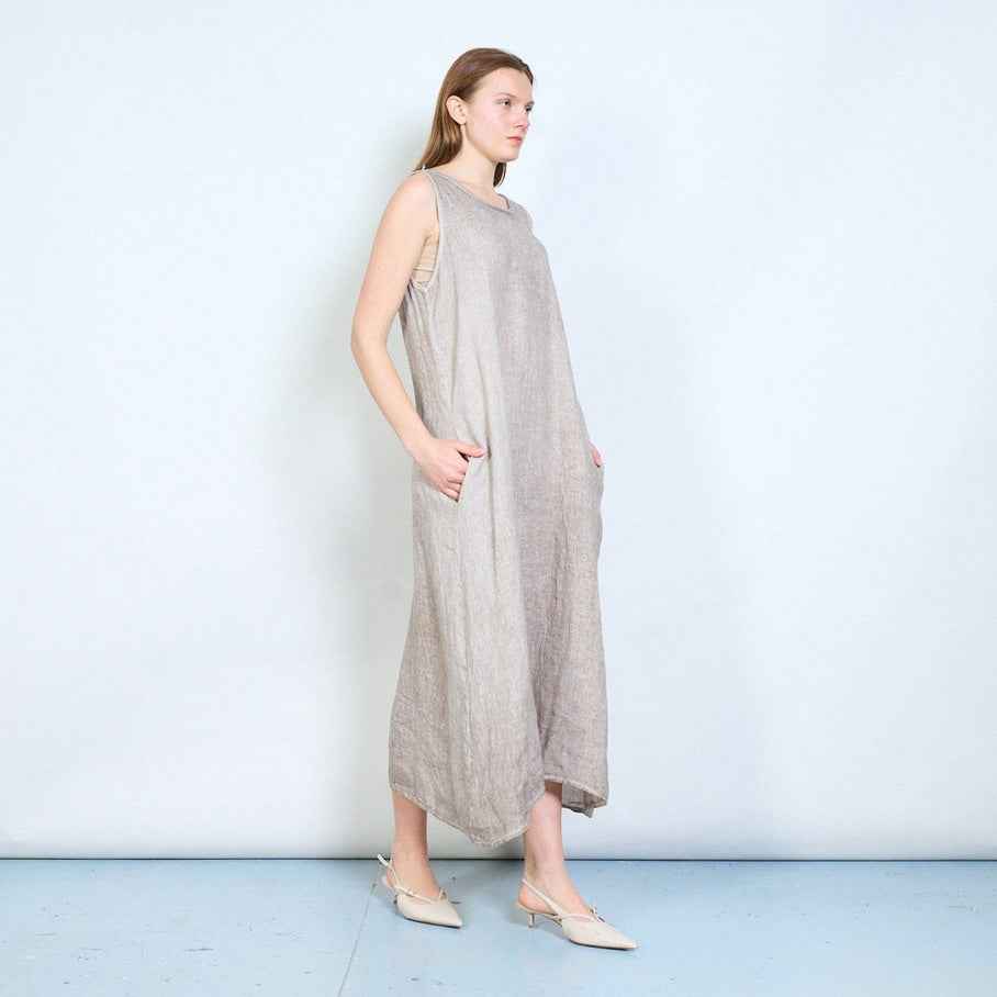 BZNA Leinen Kleid Fließendes langes Kleid aus Leinen mit U-Ausschnitt Onesize