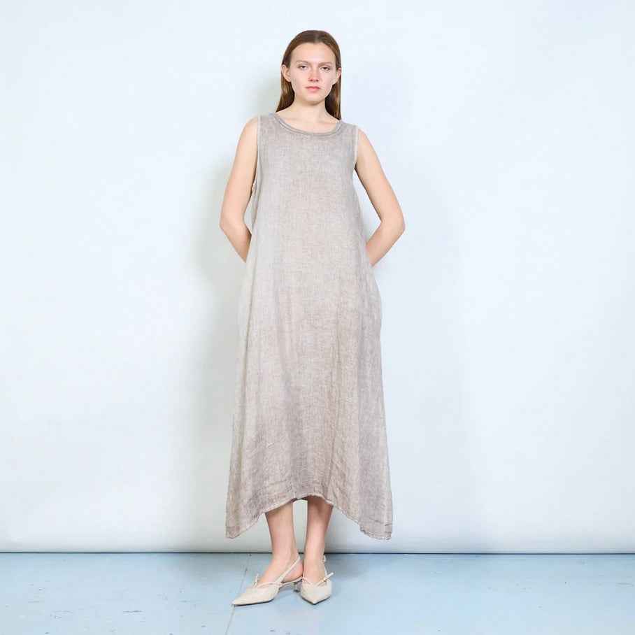 BZNA Leinen Kleid Fließendes langes Kleid aus Leinen mit U-Ausschnitt Onesize