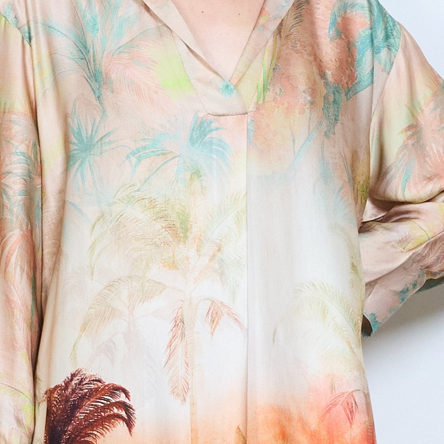 BZNA mit Seide weiches drapiertes lang geschnittenes Kleid mit malerischem Aufdruck Onesize - B Z N A