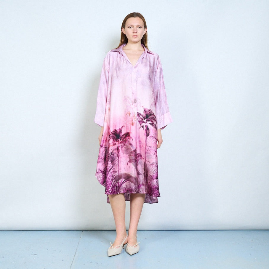 BZNA mit Seide weiches drapiertes lang geschnittenes Kleid mit malerischem Aufdruck Onesize - B Z N A