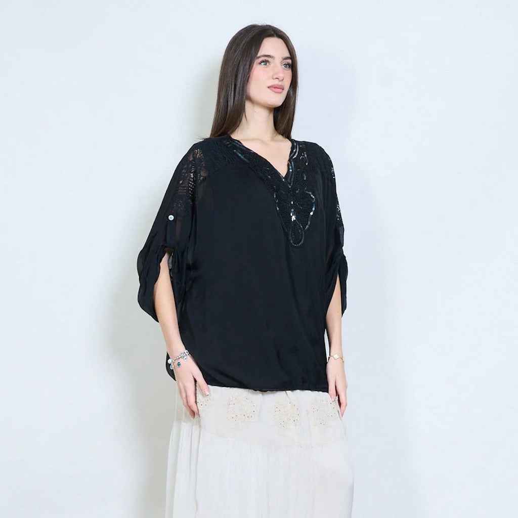 BZNA Bluse mit Seide Gestickte transparente Langarmbluse mit V-Ausschnitt